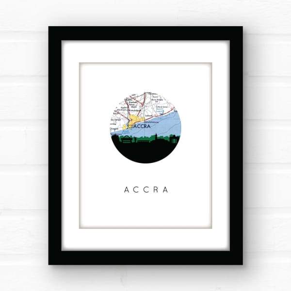 Accra Ghana city skyline with vintage Accra map - 5x7 FRAMED Print - City Map Skyline