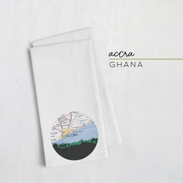 Accra Ghana city skyline with vintage Accra map - Tea Towel - City Map Skyline