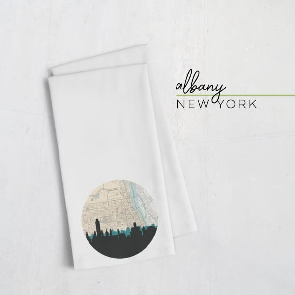 Albany New York city skyline with vintage Albany map - Tea Towel - City Map Skyline