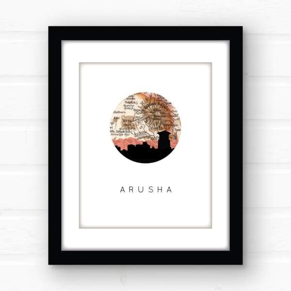 Arusha Tanzania city skyline with vintage Arusha map - 5x7 FRAMED Print - City Map Skyline
