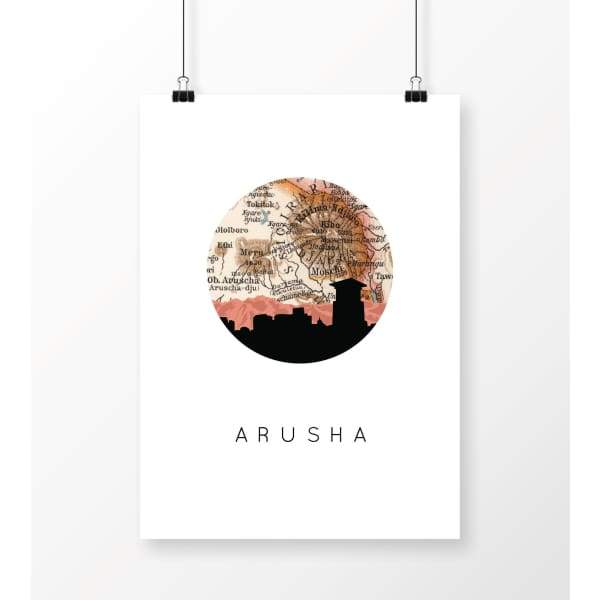 Arusha Tanzania city skyline with vintage Arusha map - 5x7 Unframed Print - City Map Skyline