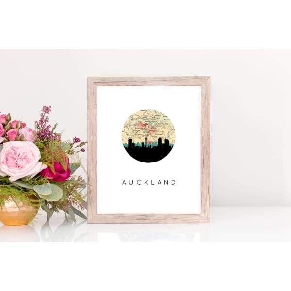 Auckland New Zealand city skyline with vintage Auckland map - City Map Skyline