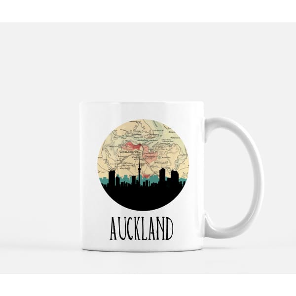 Auckland New Zealand city skyline with vintage Auckland map - Mug | 11 oz - City Map Skyline