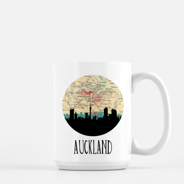 Auckland New Zealand city skyline with vintage Auckland map - Mug | 15 oz - City Map Skyline