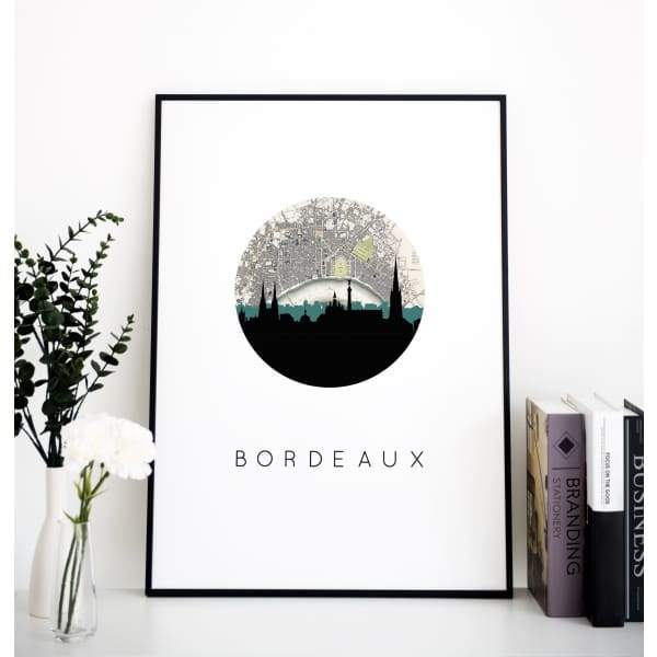 Bordeaux city skyline with vintage Bordeaux map - 5x7 Unframed Print - City Map Skyline