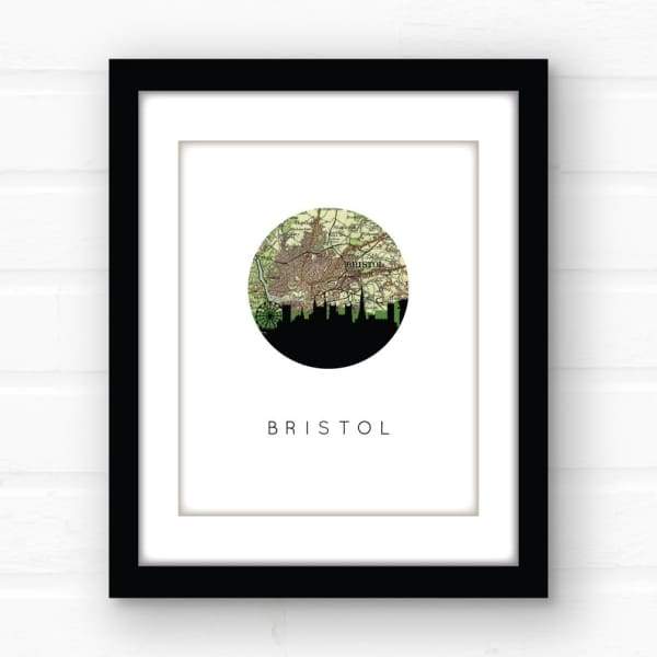 Bristol England city skyline with vintage Bristol map - 5x7 Unframed Print - City Map Skyline
