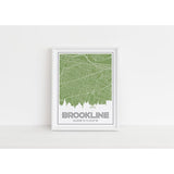 Brookline Massachusetts skyline and map art print with city coordinates - 5x7 Unframed Print / OliveDrab - Road Map and Skyline