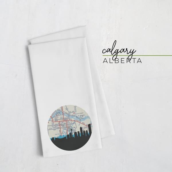 Calgary Alberta city skyline with vintage Calgary map - Tea Towel - City Map Skyline