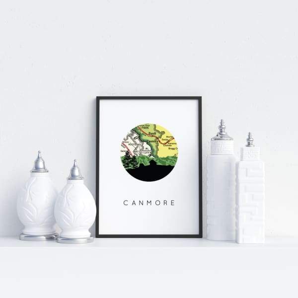 Canmore Alberta city skyline with vintage Canmore map - 5x7 Unframed Print - City Map Skyline