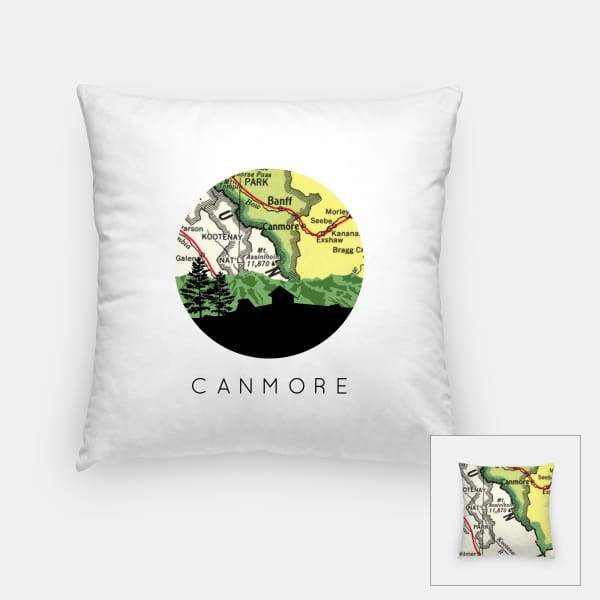 Canmore Alberta city skyline with vintage Canmore map - Pillow | Square - City Map Skyline