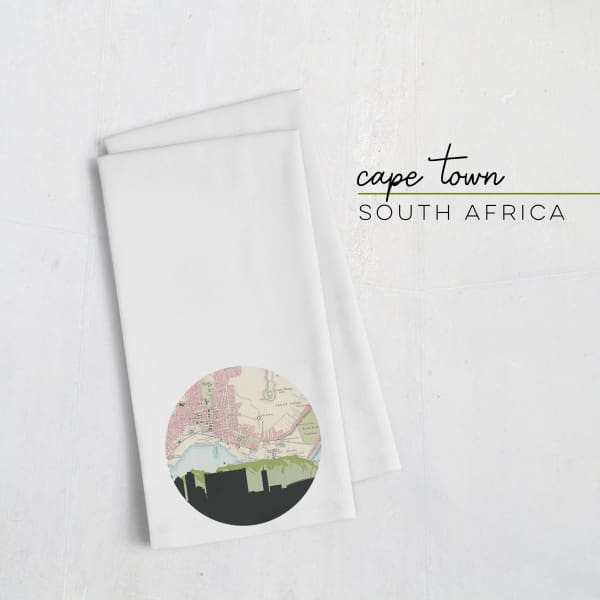 Cape Town South Africa city skyline with vintage Cape Town map - Tea Towel - City Map Skyline