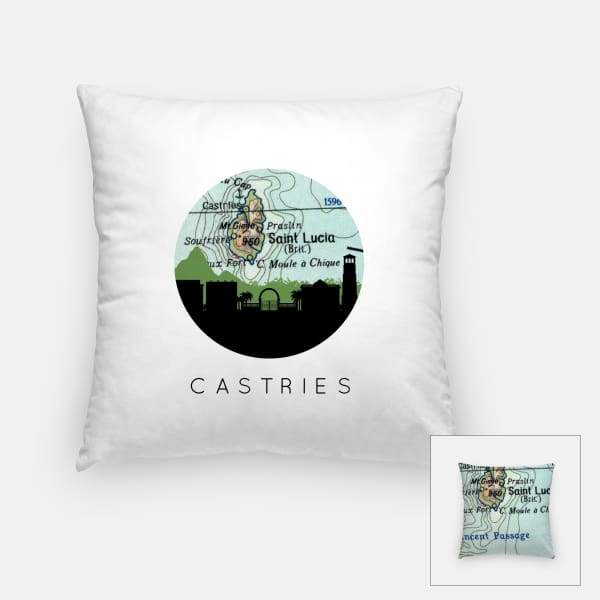 Castries St Lucia city skyline with vintage Castries map - Pillow | Square - City Map Skyline