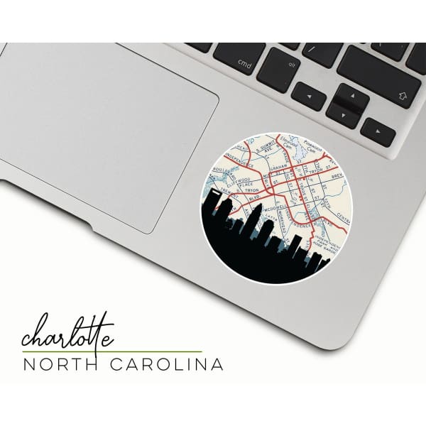 Charlotte North Carolina city skyline with vintage Charlotte map - Sticker - City Map Skyline