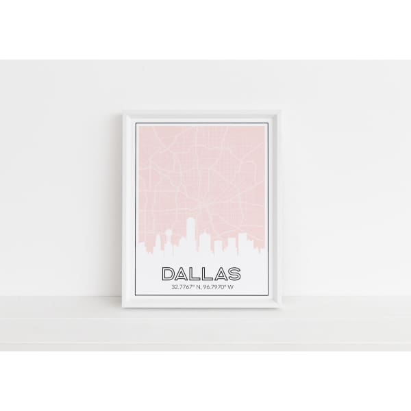 Dallas Texas skyline and map with coordinates - 5x7 Unframed Print / MistyRose - Road Map and Skyline