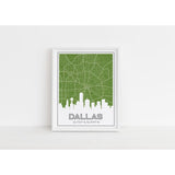 Dallas Texas skyline and map with coordinates - 5x7 Unframed Print / OliveDrab - Road Map and Skyline