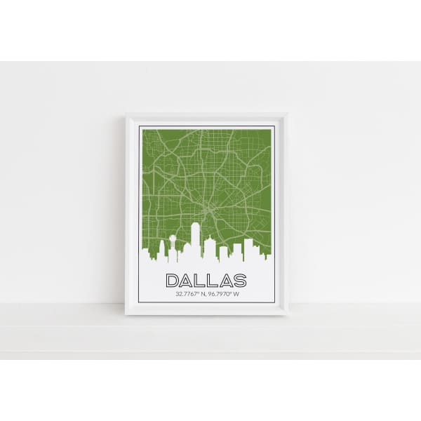 Dallas Texas skyline and map with coordinates - 5x7 Unframed Print / OliveDrab - Road Map and Skyline