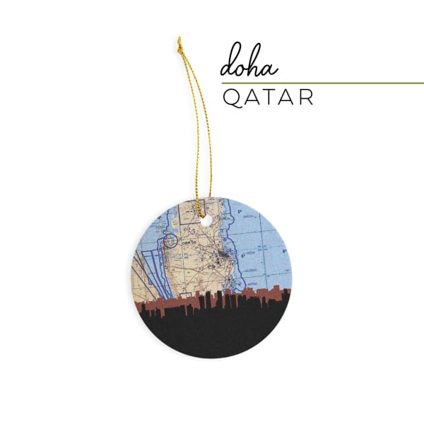 Doha Qatar city skyline with vintage Doha map - Ornament - City Map Skyline