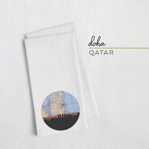 Doha Qatar city skyline with vintage Doha map - Tea Towel - City Map Skyline