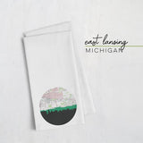 East Lansing Michigan city skyline with vintage East Lansing map - Tea Towel - City Map Skyline