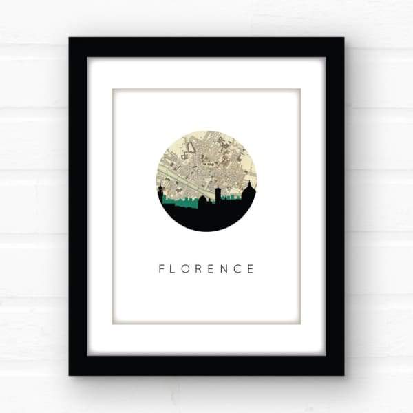 Florence Italy city skyline with vintage Florence map - 5x7 FRAMED Print - City Map Skyline