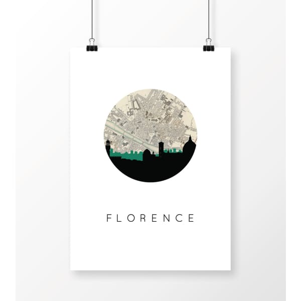 Florence Italy city skyline with vintage Florence map - 5x7 Unframed Print - City Map Skyline