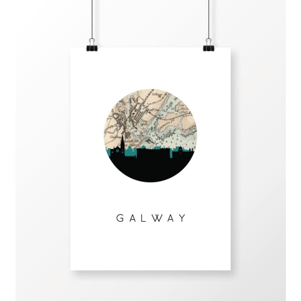Galway city skyline with vintage Galway map - 5x7 Unframed Print - City Map Skyline