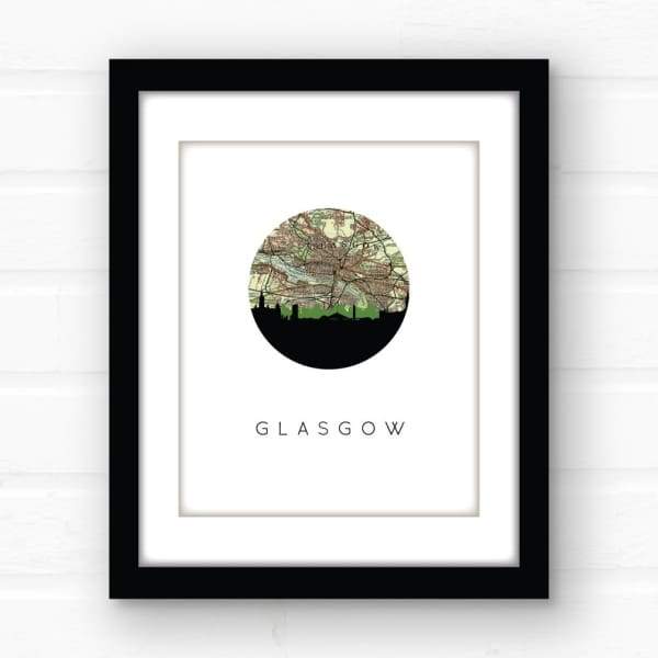 Glasgow Scotland city skyline with vintage Glasgow map - 5x7 Unframed Print - City Map Skyline