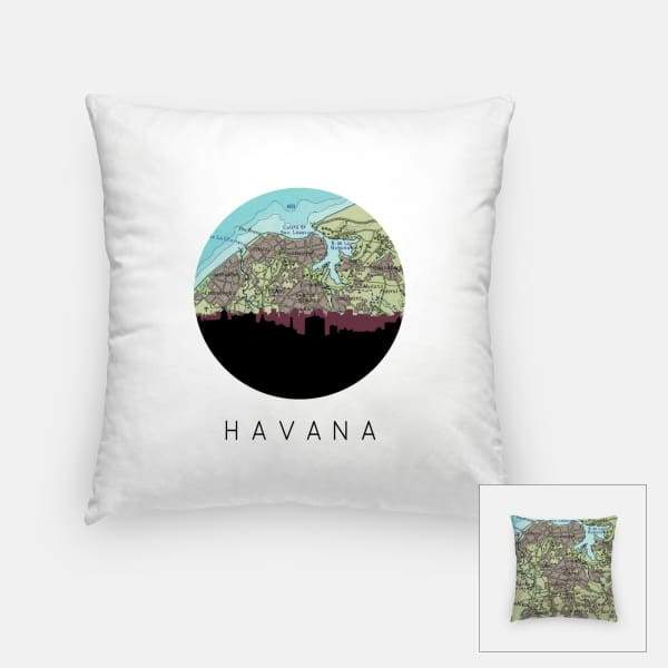 Havana Cuba city skyline with vintage Havana map - Pillow | Square - City Map Skyline