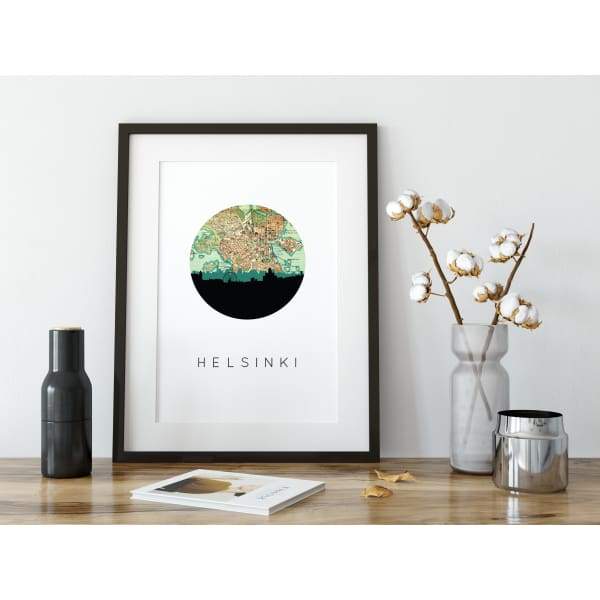 Helsinki city skyline with vintage Helsinki map - 5x7 Unframed Print - City Map Skyline