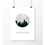 Houston Texas city skyline with vintage Houston map - 5x7 Unframed Print - City Map Skyline