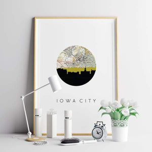 Iowa City Iowa city skyline with vintage Iowa City map - City Map Skyline