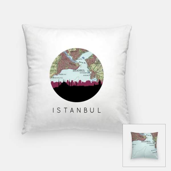 Istanbul city skyline with vintage Istanbul map - Pillow | Square - City Map Skyline