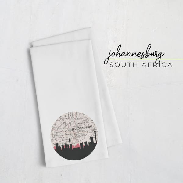 Johannesburg South Africa city skyline with vintage Johannesburg map - Tea Towel - City Map Skyline
