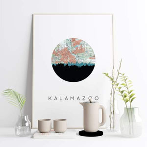 Kalamazoo Michigan city skyline with vintage Kalamazoo map - 5x7 Unframed Print - City Map Skyline