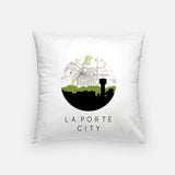 La Porte City Iowa city skyline with vintage La Porte City map - Pillow | Square - City Map Skyline
