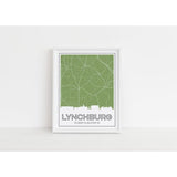 Lynchburg Tennessee skyline and map art print with city coordinates - 5x7 Unframed Print / OliveDrab - Road Map and Skyline