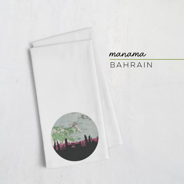 Manama Bahrain city skyline with vintage Manama map - Tea Towel - City Map Skyline