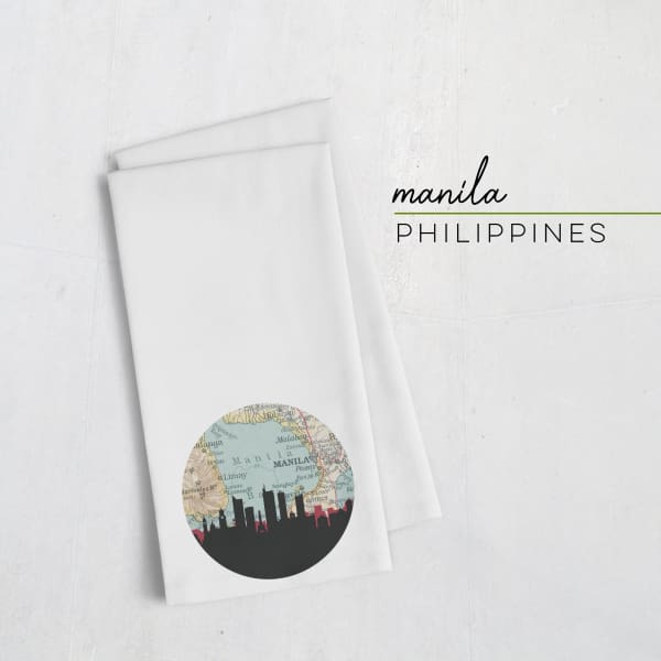 Manila Philippines city skyline with vintage Manila map - Tea Towel - City Map Skyline