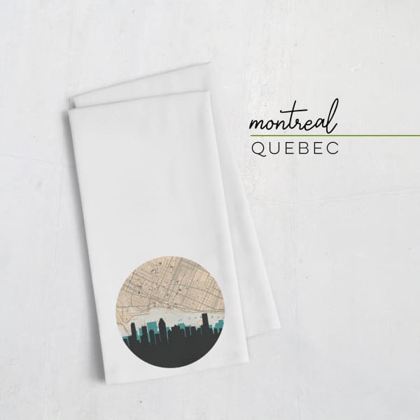 Montreal Quebec city skyline with vintage Montreal map - Tea Towel - City Map Skyline