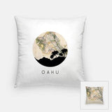 Oahu Hawaii city skyline with vintage Oahu map - Pillow | Square - City Map Skyline