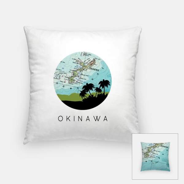 Okinawa Japan city skyline with vintage Okinawa map - Pillow | Square - City Map Skyline