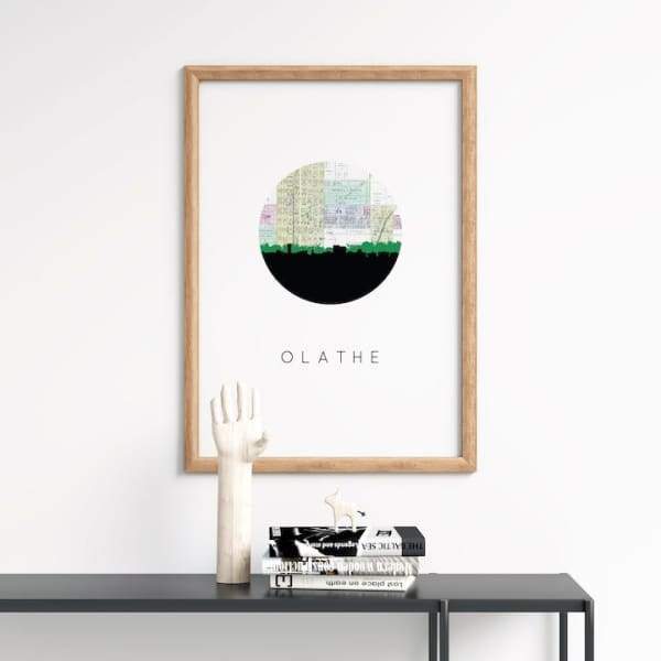 Olathe, Kansas city skyline with vintage Olathe map wanderlust gifts