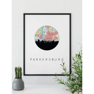 Parkersburg West Virginia city skyline with vintage Parkersburg map - 5x7 Unframed Print - City Map Skyline