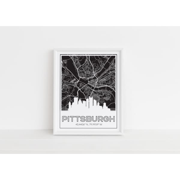 Pittsburgh Pennsylvania skyline and map with city coordinates - 5x7 Unframed Print / Black - Road Map and Skyline