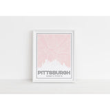 Pittsburgh Pennsylvania skyline and map with city coordinates - 5x7 Unframed Print / MistyRose - Road Map and Skyline