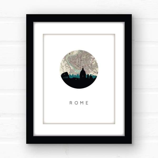 Rome city skyline with vintage Rome map - 5x7 FRAMED Print - City Map Skyline