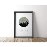 Seattle Washington city skyline with vintage Seattle map - 5x7 FRAMED Print - City Map Skyline