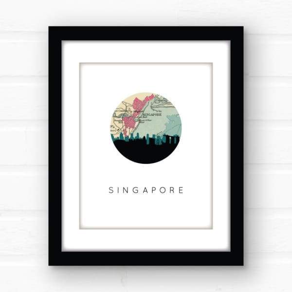 Singapore Singapore city skyline with vintage Singapore map - 5x7 FRAMED Print - City Map Skyline