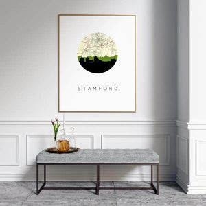Stamford Connecticut city skyline with vintage Stamford map - 5x7 Unframed Print - City Map Skyline