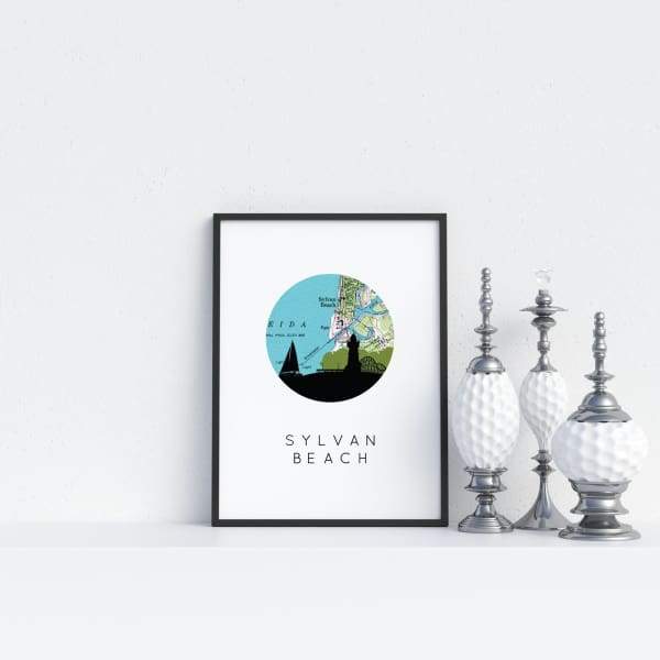 Sylvan Beach, New York city skyline with vintage Sylvan Beach map